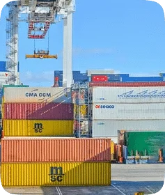 Vários containers sendo empilhados num cais